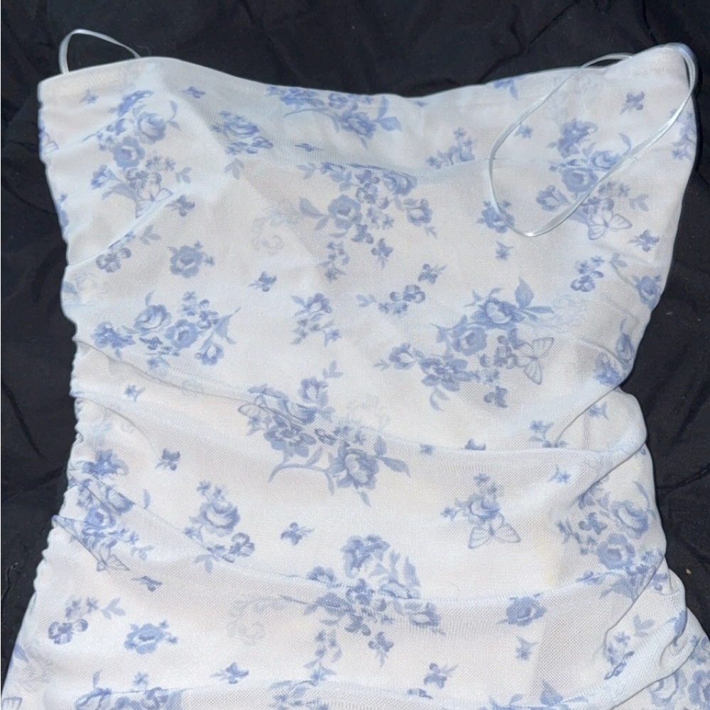 Garage White and Light Blue Floral tube Top